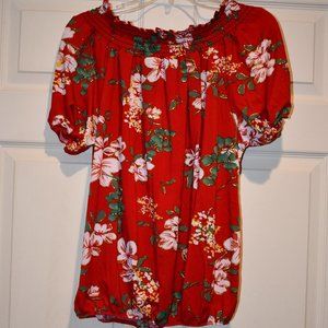 Anna Morgan Women's Red Floral Smocked Neck Off the Shoulder SS Blouse Size L